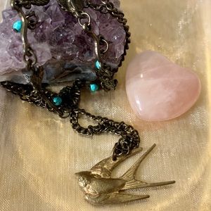 Turquoise Sparrow Bird Triple layered boho Antiqued Brass Bronze Necklace